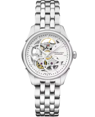 Hamilton H32405111 Jazzmaster Viewmatic Skeleton - Мъжки ръчен часовник с автоматичен механизъм - корпус Стомана - Стоманена верижка - Скелетон Сив