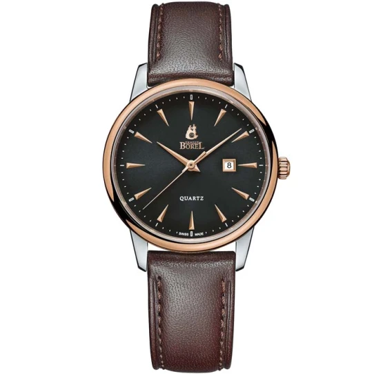 Дамски ръчен часовник с кварцов механизъм - корпус от Стомана - Естествена кожа - цвят Черен Кафяв