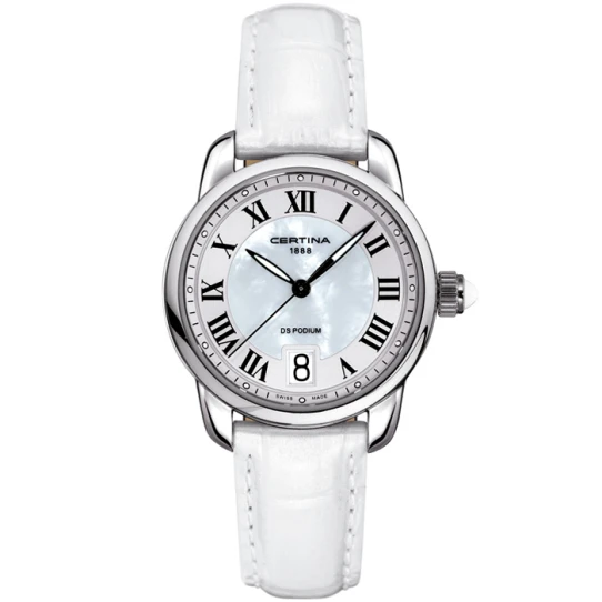 Дамски ръчен часовник с кварцов механизъм - корпус от Стомана - Естествена кожа - цвят Седеф Бял