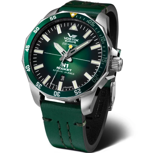 Мъжки ръчен часовник с автоматичен механизъм - корпус от Стомана - Естествена кожа - цвят Зелен Зелен