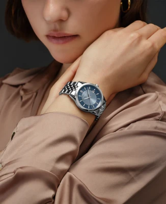 Дамски ръчен часовник с автоматичен механизъм - корпус от Стомана - Естествена кожа - цвят Син Черен