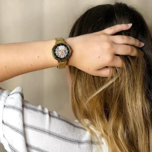 Дамски ръчен часовник с автоматичен механизъм - корпус от Стомана - Стоманена верижка - цвят Скелетон Злато