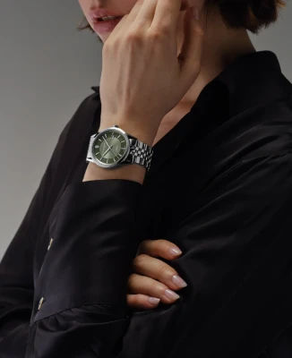 Дамски часовник с автоматичен механизъм - корпус от Стомана - Естествена кожа - цвят Зелен Зелен