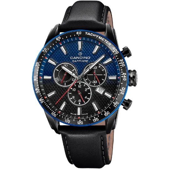 Мъжки ръчен часовник с кварцов механизъм - корпус от Стомана - Естествена кожа - цвят Син Черен