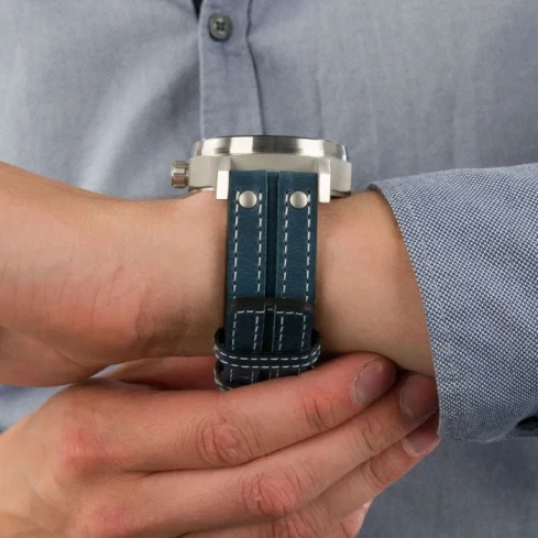 Мъжки ръчен часовник с автоматичен механизъм - корпус от Стомана - Естествена кожа - цвят Син Син