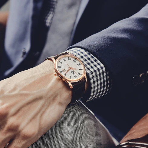 Мъжки ръчен часовник с кварцов механизъм - корпус от Стомана - Естествена кожа - цвят Бял Кафяв